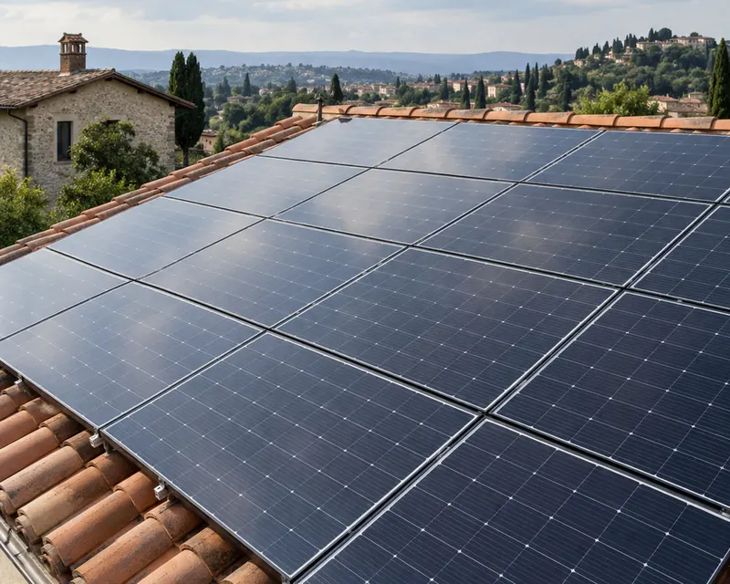 Pannelli fotovoltaici installati su un tetto in tegole. Immagine illustrativa