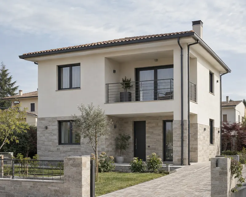 Esterno di una casa di nuova costruzione, con basamento in pietra. Immagine illustrativa