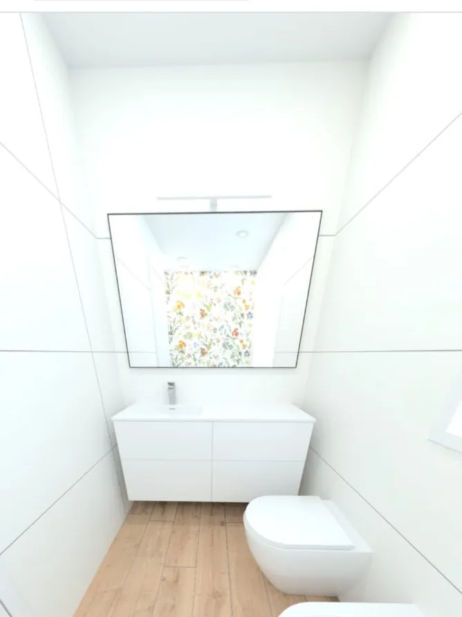 Progetto in 3D di un bagno chiaro con pavimento effetto legno